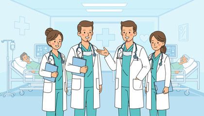 A diverse team of four smiling doctors, two men and two women, stand in a hospital room with patients in beds, ready to provide care and treatment, symbolizing healthcare professionals and medical