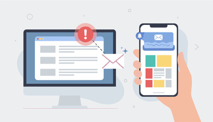Modern digital communication concept with a computer screen displaying an inbox with new email notifications and an exclamation mark alert, alongside a hand holding a smartphone showing a message