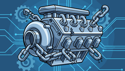 Stylized illustration of a metallic car engine component, possibly a V6 or V8, with broken chains wrapped around it, set against a blue circuit board background with gears, symbolizing mechanical