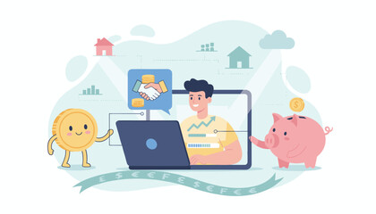Vibrant illustration of a man using a laptop for online personal loans and financial concepts, featuring a friendly coin character, a piggy bank, and currency symbols, symbolizing savings