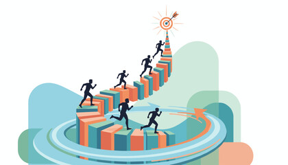 Silhouettes of people running up a staircase made of colorful columns towards a target with an arrow, symbolizing success, ambition, and achieving goals in a business or competitive environment.