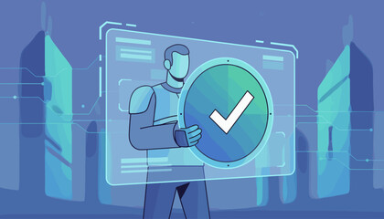 Abstract futuristic illustration of a stylized person holding a glowing circular shield with a white checkmark symbol, representing security, verification, and success, set against a blurred