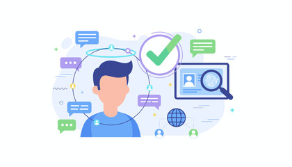 Abstract illustration of a person's profile verification and online communication, featuring chat bubbles, a checkmark, a magnifying glass over a fingerprint, and a global network connection