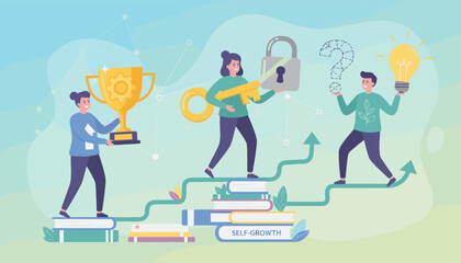 Conceptual illustration of self-growth and problem-solving journey, featuring characters ascending stairs made of books, holding symbols of success, keys, locks, and ideas, representing progress and