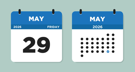 May 29 2026 (Friday) Calendar Vector Illustration. Day calendar page with date May 29. Week Starts on Sunday. Checklist day calendar. Modern Flat Calendar template icon.