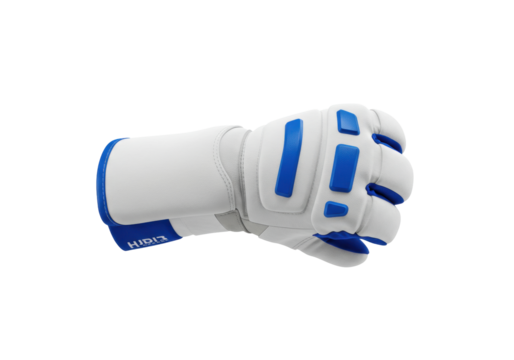 Isolated closed fist in white fencing glove with blue accents, fighting or aggression concept