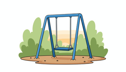 A solitary blue swing set stands empty in a park, set against a backdrop of blurred green bushes and a soft, warm sunset, evoking a sense of peaceful solitude and childhood nostalgia.