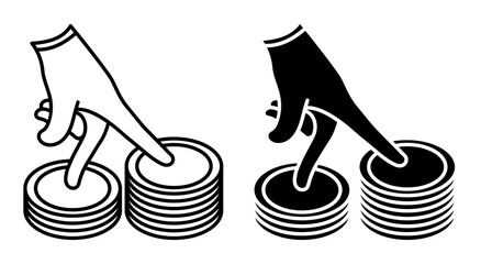 Linear icon. Human hand shows climbing a stack of coins. Gesture of increase in income and savings with growth in qualifications and skills. Simple black and white vector isolated on white background