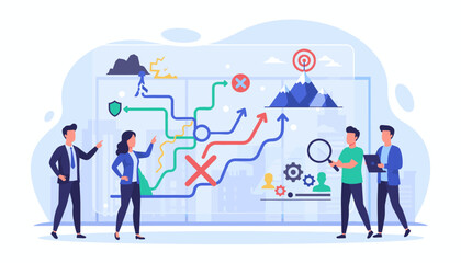 Business team strategizing and planning a path to success, overcoming obstacles and challenges with a clear roadmap, symbolizing growth and achievement towards goals.