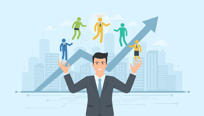 Frustrated businessman juggling diverse employees on an upward trending graph against a city skyline, symbolizing talent management, HR, human resources, and career growth challenges in a corporate