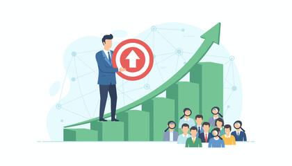 Business concept of targeting success with a leader holding a bullseye target with an upward arrow, standing on a rising bar graph, symbolizing growth and achievement, with a team of employees