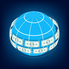 Isometric international American dollar system. Concept of free money exchange and accessible foreign exchange market for international loans. 3D vector on blue background top view at an angle
