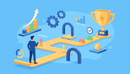Conceptual illustration of a business roadmap to success, featuring a businessman navigating a path with milestones, gears, charts, and a trophy symbolizing achievement and career progression