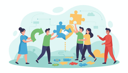 Diverse team of people collaborating to solve a puzzle, symbolizing teamwork, partnership, and shared ideas, with a handshake graphic and arrows indicating progress and connection in a business
