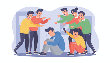 Vivid illustration depicting the painful reality of bullying, showing a distressed young man sitting alone on the floor, hunched over in sadness, while a group of peers surrounds him, pointing
