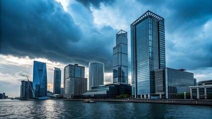 Naklejka premium Dramatic dark clouds gather over a modern city skyline with towering glass skyscrapers reflected in the calm water below