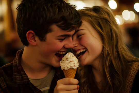Happy young couple laughing together while sharing an ice cream cone on a date.