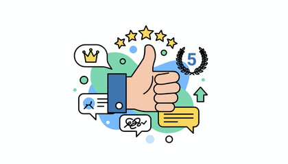 Vector illustration of a hand giving a thumbs up, surrounded by elements representing positive feedback, customer satisfaction, and excellent performance, including five stars, a crown, speech