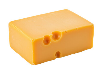 Isolated block of cheddar cheese with holes, dairy product for snacking and cooking needs