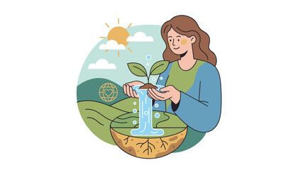 A woman tenderly nurtures a young plant, pouring water from her cupped hands onto its soil, symbolizing environmental care and the growth of nature. The scene features rolling green hills, a bright
