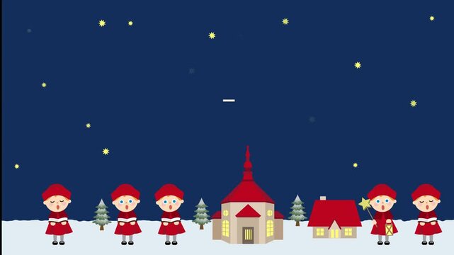 Cute Christmas Carolers and Church Template with Message Board (Night Sky, Flat 2D)