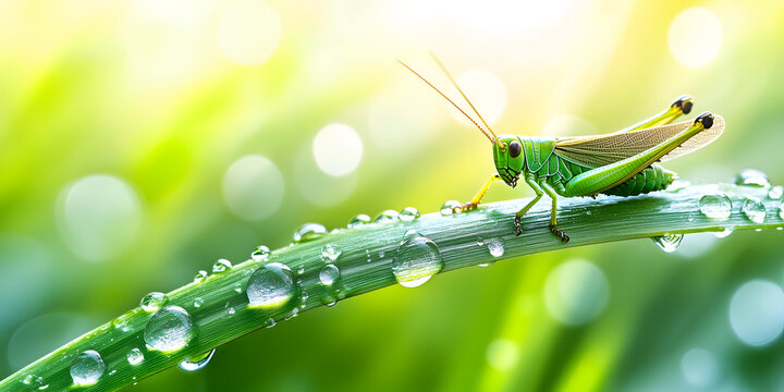 Green grasshopper on a blade of grass covered in morning dew drops. - Powered by Adobe