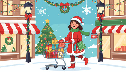 Joyful woman in Santa costume pushing a shopping cart full of gifts and carrying shopping bags down a snow-covered street lined with decorated shops and a Christmas tree, embodying the festive spirit