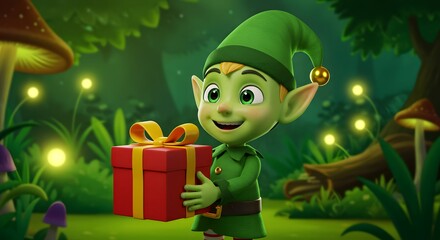 Animated elf, holding a red gift box in a whimsical forest setting with mushrooms and glowing lights