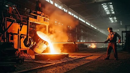 Molten Metal Pouring from Ladle with Smoke and Sparks in Foundry Factory Heavy Industry Production Plant Worker in Safety Gear Overseeing Casting Process Vivid Lighting