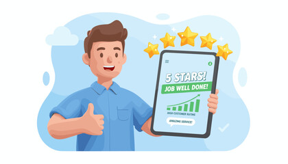 3D man with tablet showing 5 star review. Customer satisfaction, positive feedback for excellent service. High rating, quality work approval. Thumbs up for a job well done.