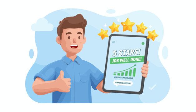 3D man with tablet showing 5 star review. Customer satisfaction, positive feedback for excellent service. High rating, quality work approval. Thumbs up for a job well done.