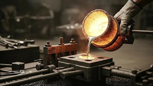 Molten Metal Pouring Into Mold at Foundry with Sparks and Heat During Casting Process in Industrial Setting Glove Handled Crucible