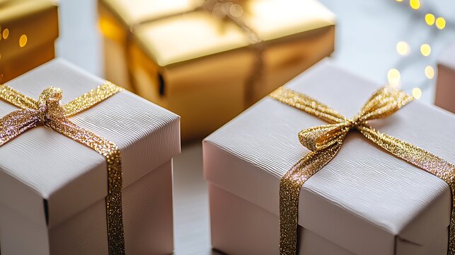 Wrapped Treasures: An elegant arrangement of shimmering gift boxes, adorned with delicate ribbons, creating a sense of anticipation and celebration.