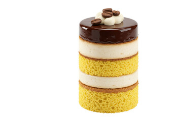Isolated individual cake with dark chocolate glaze, cream layers, and coffee bean garnish