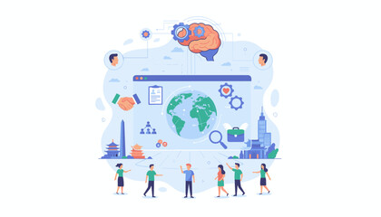 Global outsourcing concept illustration with diverse people collaborating, handshake symbolizing partnership, and a brain with gears representing human resources and technology, set against a