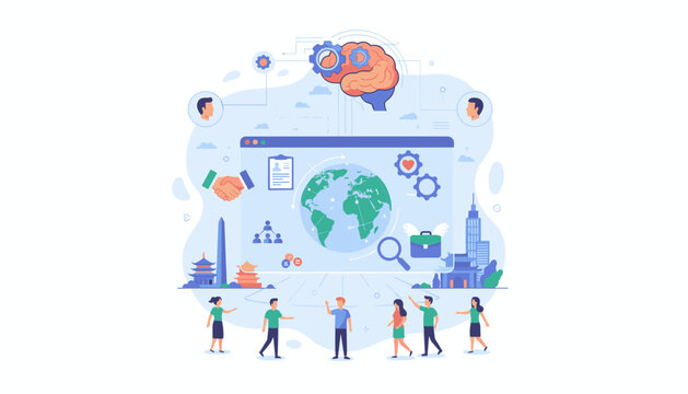 Global outsourcing concept illustration with diverse people collaborating, handshake symbolizing partnership, and a brain with gears representing human resources and technology, set against a