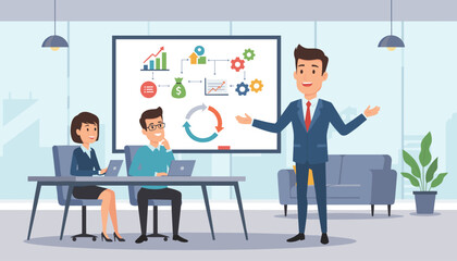 Dynamic business presentation with a confident speaker explaining charts, graphs, and workflow diagrams on a whiteboard to attentive colleagues in a modern office setting, symbolizing growth and