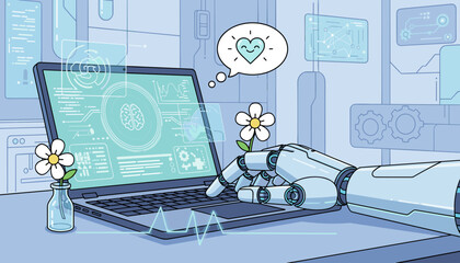 Futuristic robot hand interacting with a laptop displaying complex data analysis, brain scans, and charts, symbolizing artificial intelligence, technology, and innovation with a touch of nature and