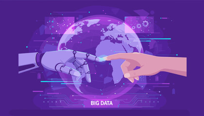 Futuristic concept of artificial intelligence and human interaction, with a robot hand and a human hand touching on the background of the Earth globe and digital data streams, symbolizing big data