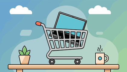 Modern flat illustration of a shopping cart filled with a laptop and other electronics, placed on a desk next to a potted plant and a steaming cup of coffee, against a gradient sky with clouds