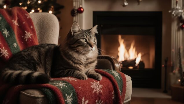 Cozy Cat by the Fireplace During Christmas Holiday Season.