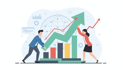 Illustrative vector graphic depicting a diverse business team collaborating to push a large green upward trending arrow, symbolizing growth and success, against a backdrop of global charts and data