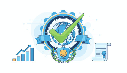 Global quality assurance and certification concept with a prominent green checkmark symbol, a world globe, gears, a shield with a medal, a growth chart, and a certificate document, symbolizing