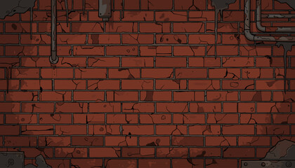 A detailed, textured red brick wall surface, featuring prominent cracks and weathered imperfections, with industrial pipes and dripping elements, creating a gritty, urban background suitable for