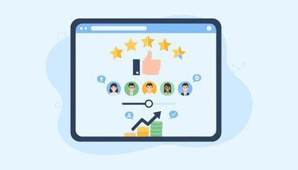 Flat design illustration of user feedback and rating system on a digital device screen, showcasing customer satisfaction with stars, thumbs up, and positive growth graph with coins, representing
