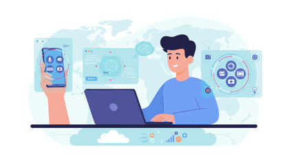 Modern flat illustration of a young man working on a laptop, interacting with a virtual AI assistant interface, with a smartphone displaying app icons and a brain icon symbolizing artificial