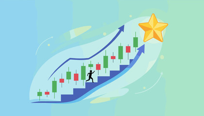 Vibrant vector illustration depicting a stylized candlestick chart representing stock market growth, with a silhouette of a person ascending stairs towards a golden star, symbolizing success and
