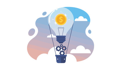 Abstract vector illustration of a hot air balloon shaped like a light bulb, symbolizing innovation and financial success, floating in a gradient sky with clouds and gears in the basket, representing