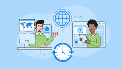 Vibrant vector illustration depicting a male customer service representative wearing a headset, seated at a computer displaying a world map, interacting with a client holding a tablet, with a clock