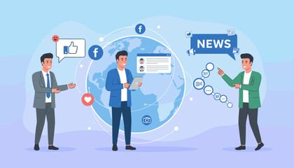 Vivid flat-style vector illustration of businessmen discussing global business strategies and social media engagement, featuring earth, communication icons, news updates, and social network symbols
